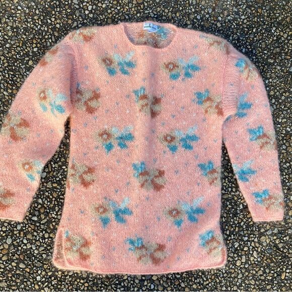 Vintage 1980’s fuzzy mohair floral tunic sweater peachy keen size M - Picture 1 of 5